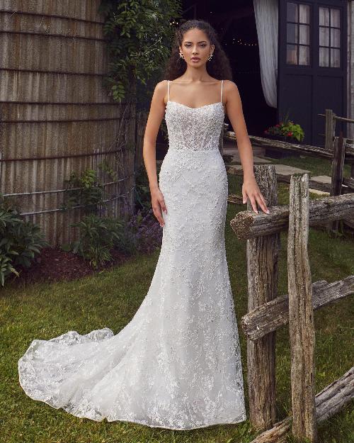 La24102 fitted beaded wedding dress with open back and sheath silhouette1